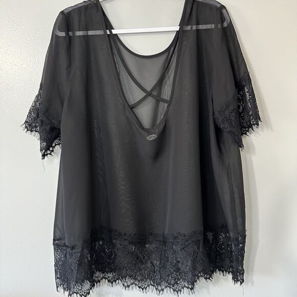 Ali & Kris Womens Size 3X Super Sheer Lace Trim Blouse Strappy Criss Cross - Picture 4 of 10